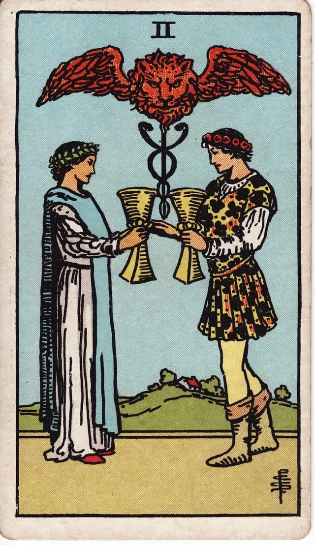 ภาพไพ่ Two of Cups (2 ถ้วย) จากสำรับ Rider–Waite–Smith