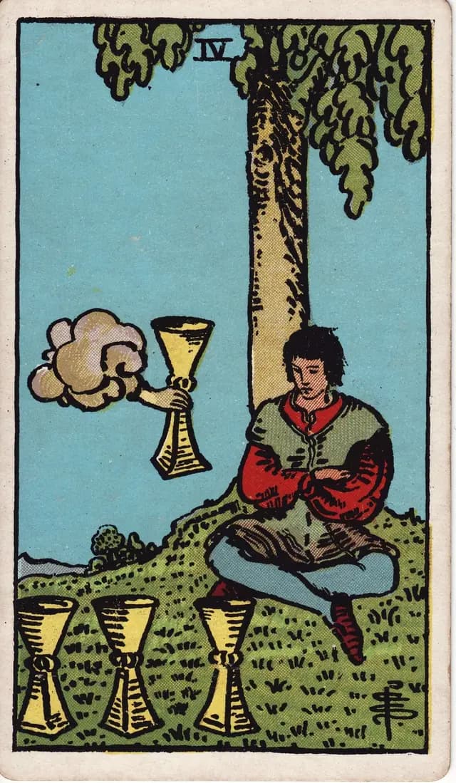 ภาพไพ่ Four of Cups (4 ถ้วย) จากสำรับ Rider–Waite–Smith