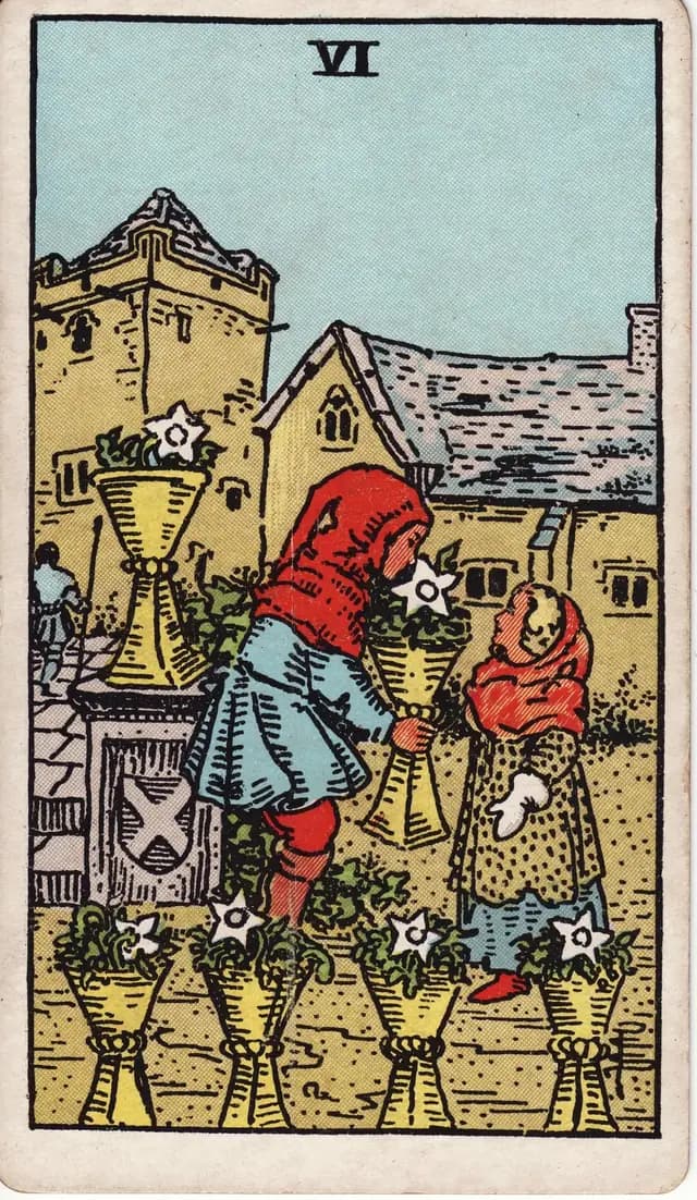ภาพไพ่ Six of Cups (6 ถ้วย) จากสำรับ Rider–Waite–Smith