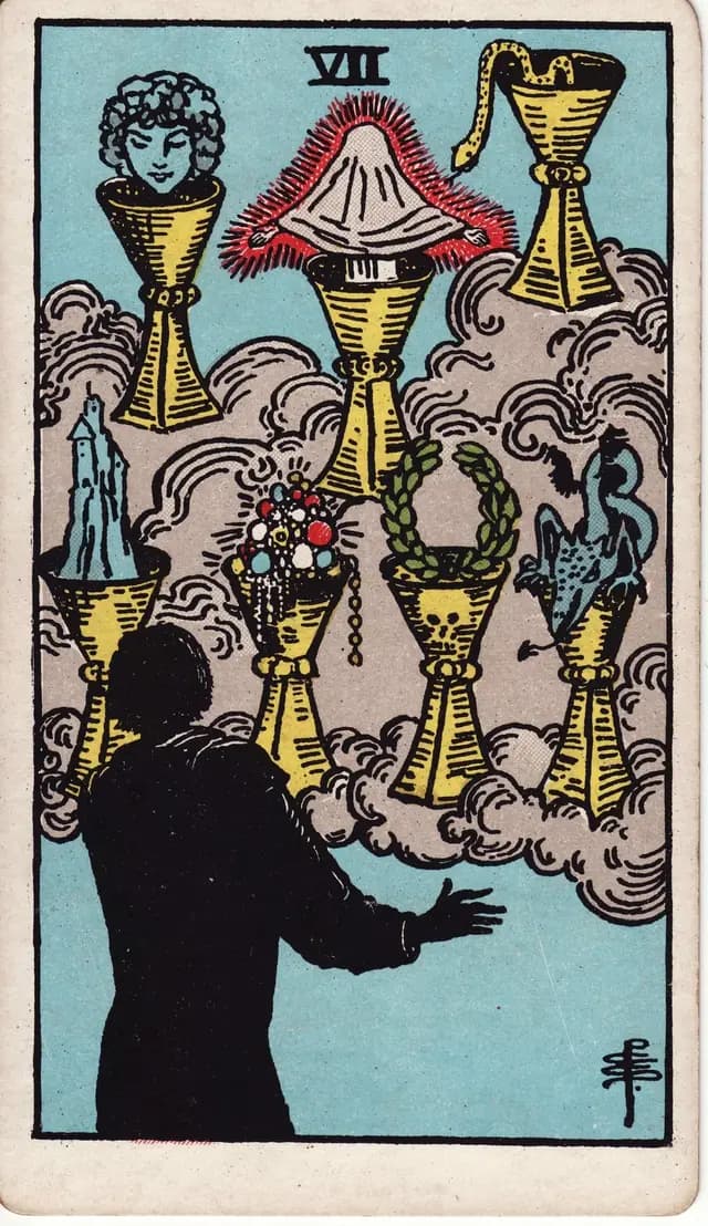 ภาพไพ่ Seven of Cups (7 ถ้วย) จากสำรับ Rider–Waite–Smith