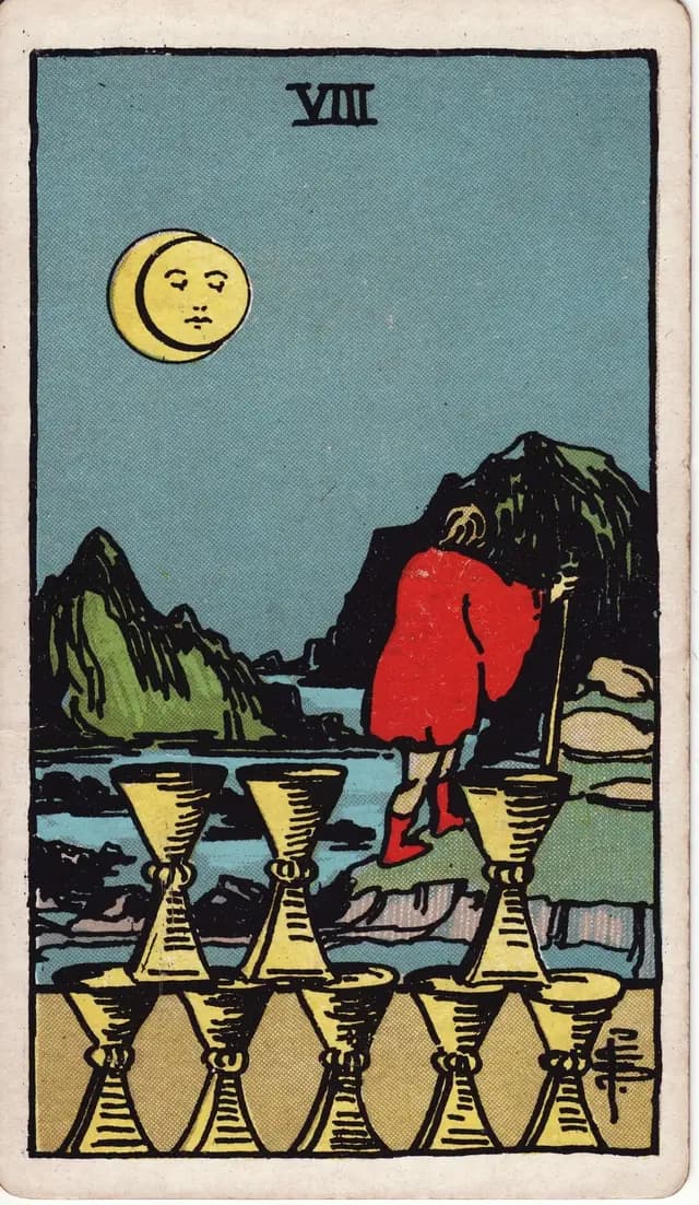 ภาพไพ่ Eight of Cups (8 ถ้วย) จากสำรับ Rider–Waite–Smith