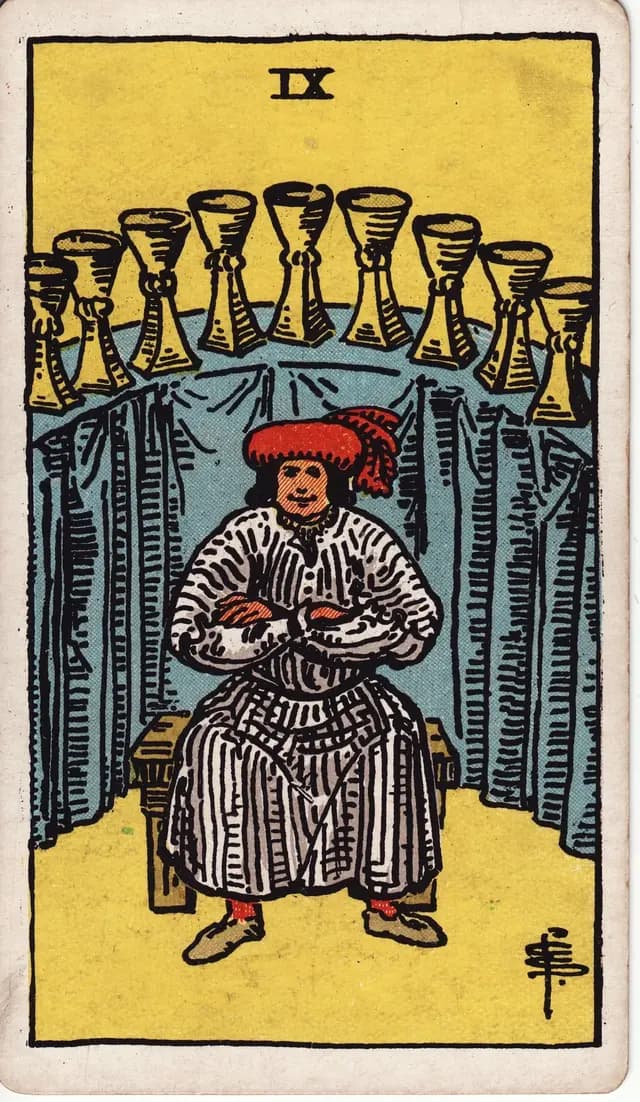 ภาพไพ่ Nine of Cups (9 ถ้วย) จากสำรับ Rider–Waite–Smith