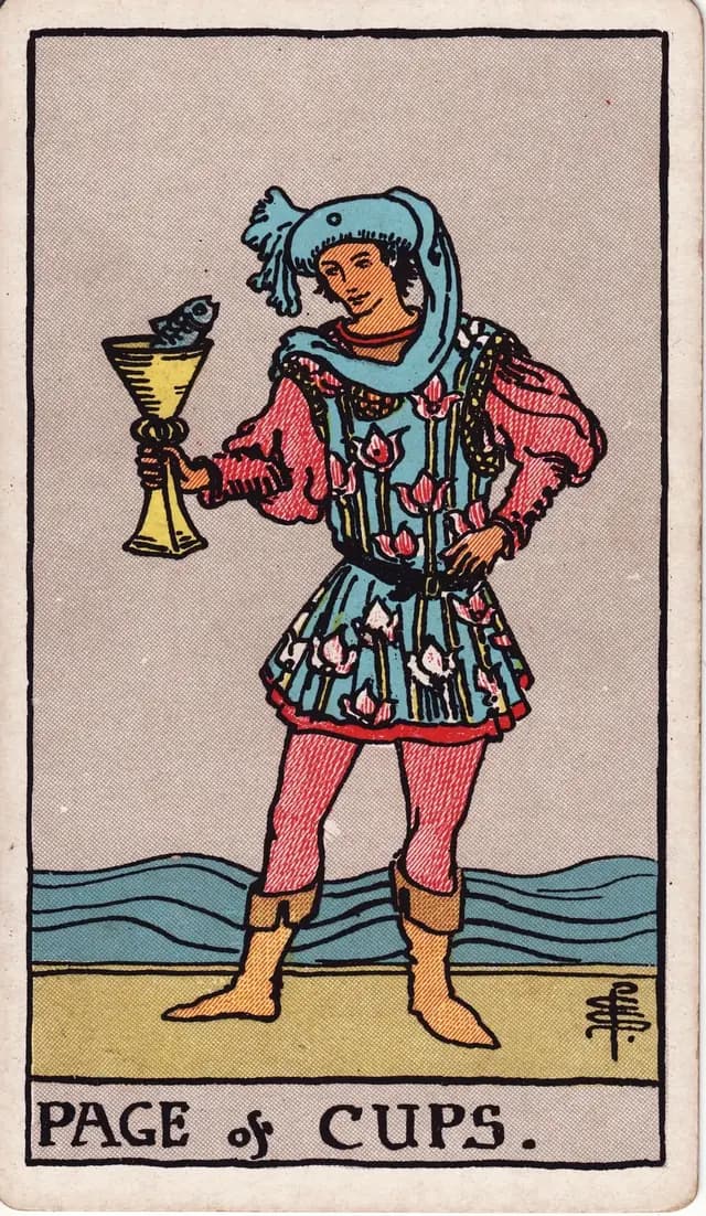 ภาพไพ่ Page of Cups (เพจถ้วย) จากสำรับ Rider–Waite–Smith