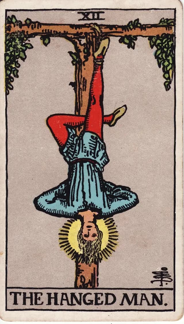 ภาพไพ่ The Hanged Man (ชายผู้ถูกแขวน) จากสำรับ Rider–Waite–Smith