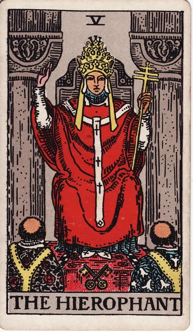ภาพไพ่ The Hierophant (พระสังฆราช) จากสำรับ Rider–Waite–Smith