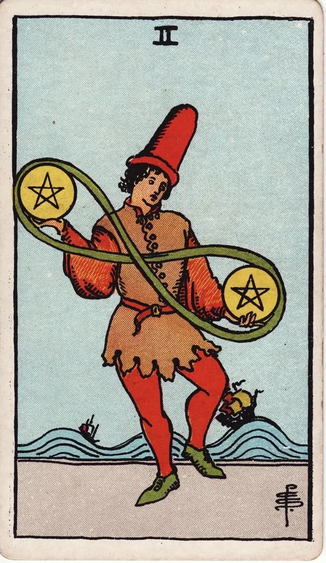 ภาพไพ่ Two of Pentacles (2 เหรียญ) จากสำรับ Rider–Waite–Smith