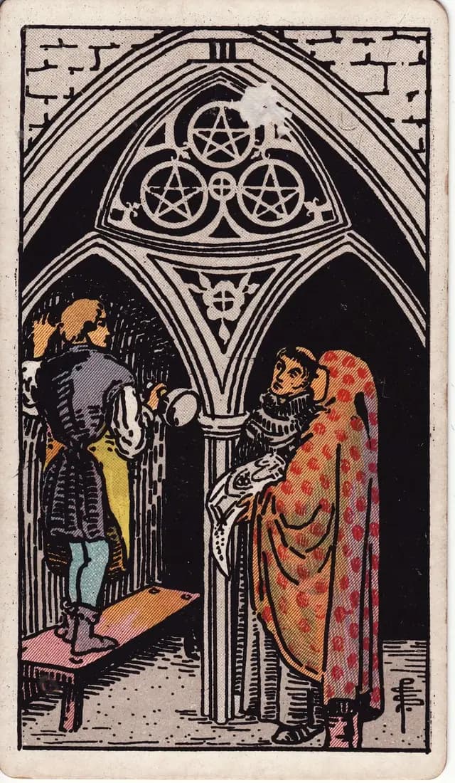 ภาพไพ่ Three of Pentacles (3 เหรียญ) จากสำรับ Rider–Waite–Smith