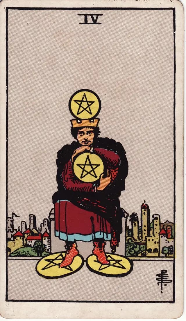 ภาพไพ่ Four of Pentacles (4 เหรียญ) จากสำรับ Rider–Waite–Smith