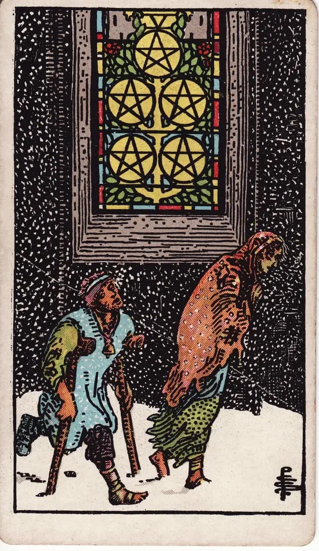 ภาพไพ่ Five of Pentacles (5 เหรียญ) จากสำรับ Rider–Waite–Smith