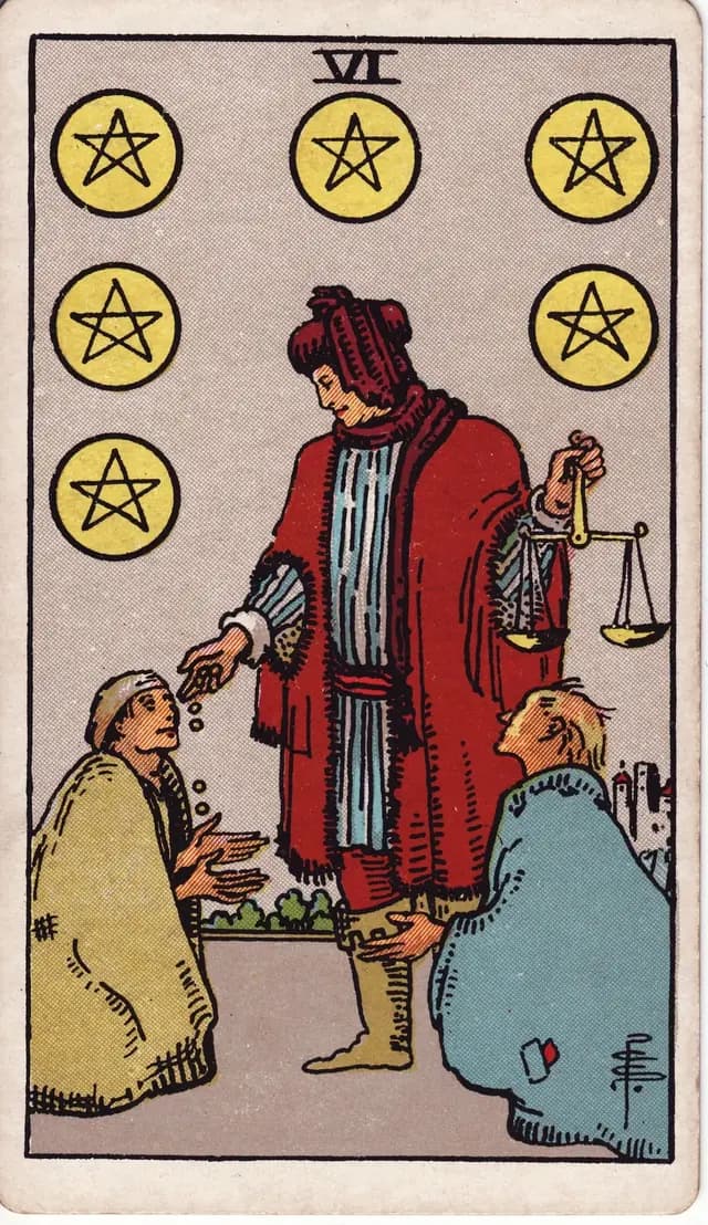 ภาพไพ่ Six of Pentacles (6 เหรียญ) จากสำรับ Rider–Waite–Smith