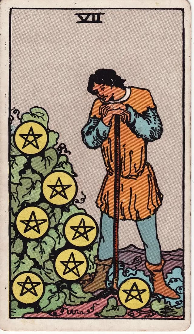 ภาพไพ่ Seven of Pentacles (7 เหรียญ) จากสำรับ Rider–Waite–Smith