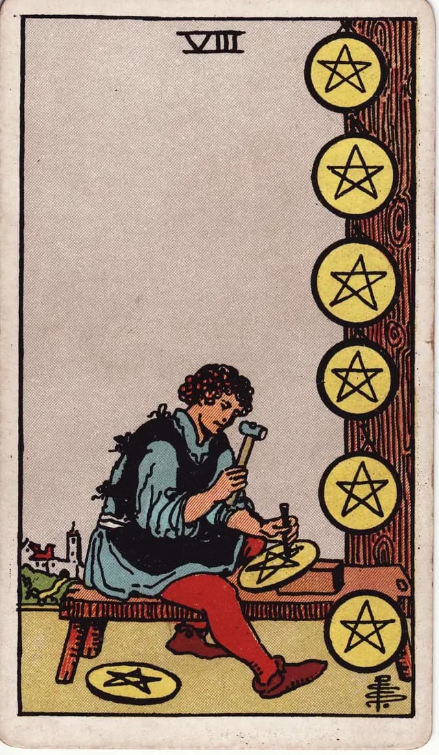 ภาพไพ่ Eight of Pentacles (8 เหรียญ) จากสำรับ Rider–Waite–Smith