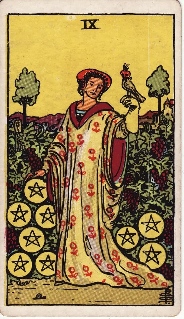 ภาพไพ่ Nine of Pentacles (9 เหรียญ) จากสำรับ Rider–Waite–Smith