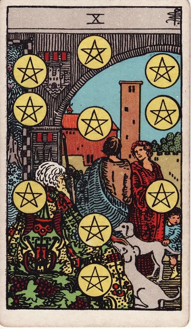 ภาพไพ่ Ten of Pentacles (10 เหรียญ) จากสำรับ Rider–Waite–Smith
