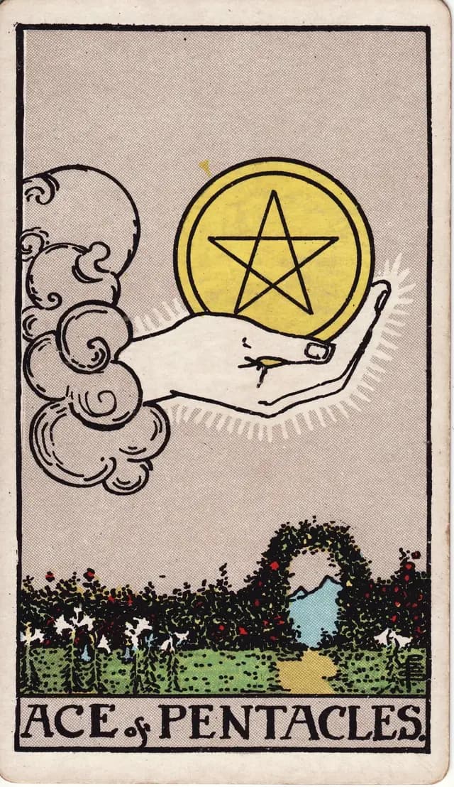 ภาพไพ่ Ace of Pentacles (เอซเหรียญ) จากสำรับ Rider–Waite–Smith