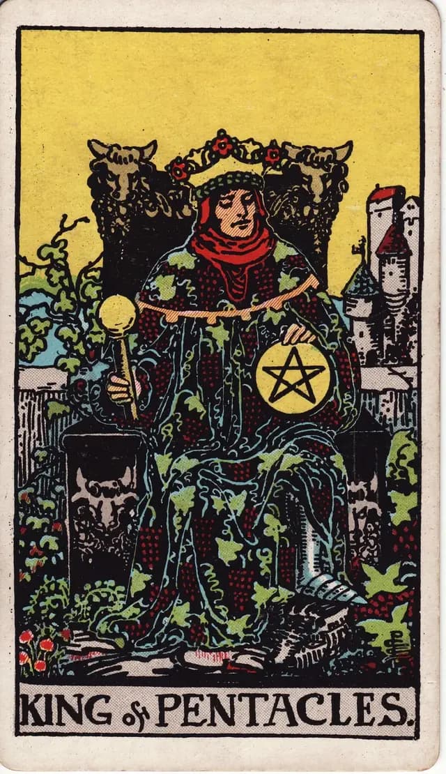 ภาพไพ่ King of Pentacles (ราชาเหรียญ) จากสำรับ Rider–Waite–Smith