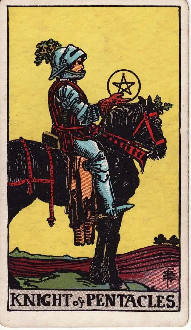 ภาพไพ่ Knight of Pentacles (อัศวินเหรียญ) จากสำรับ Rider–Waite–Smith
