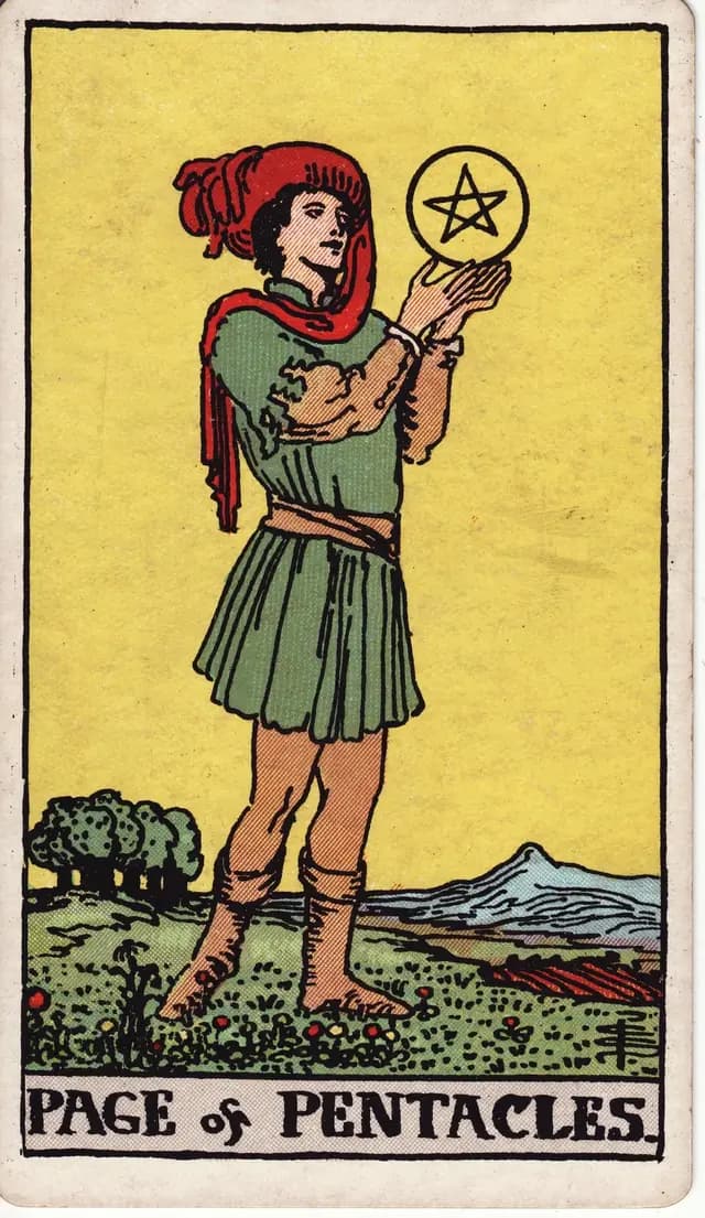 ภาพไพ่ Page of Pentacles (เพจเหรียญ) จากสำรับ Rider–Waite–Smith