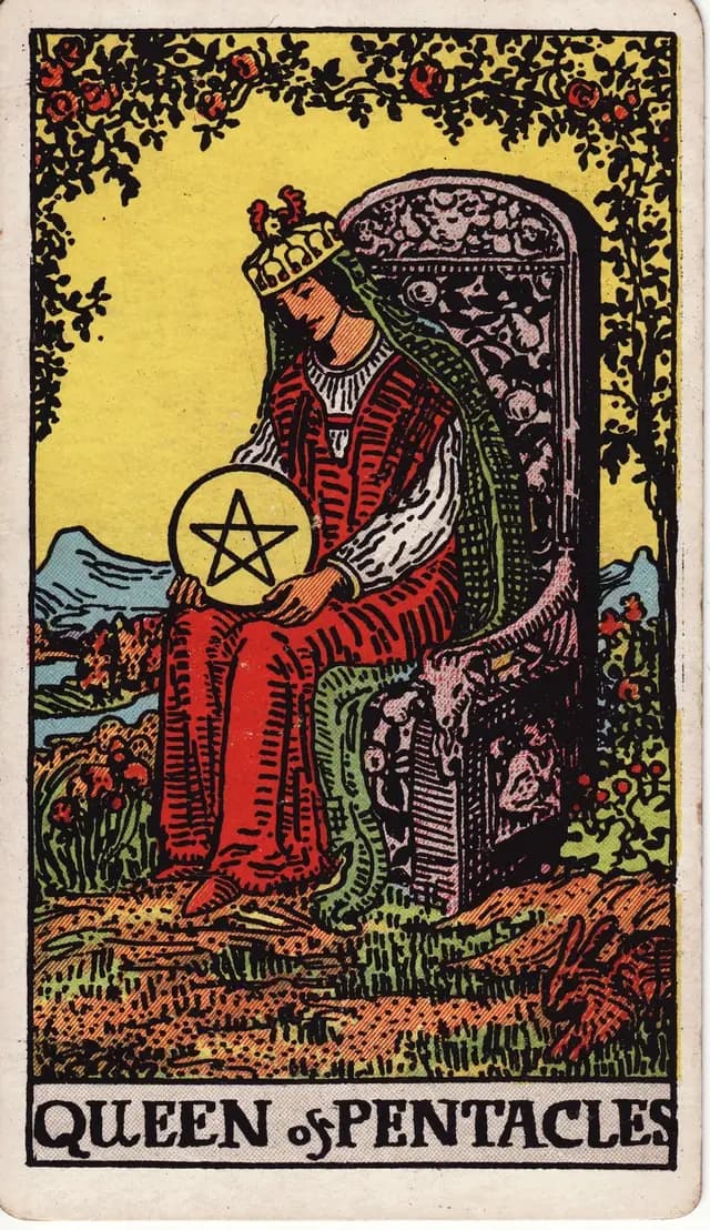 ภาพไพ่ Queen of Pentacles (ราชินีเหรียญ) จากสำรับ Rider–Waite–Smith