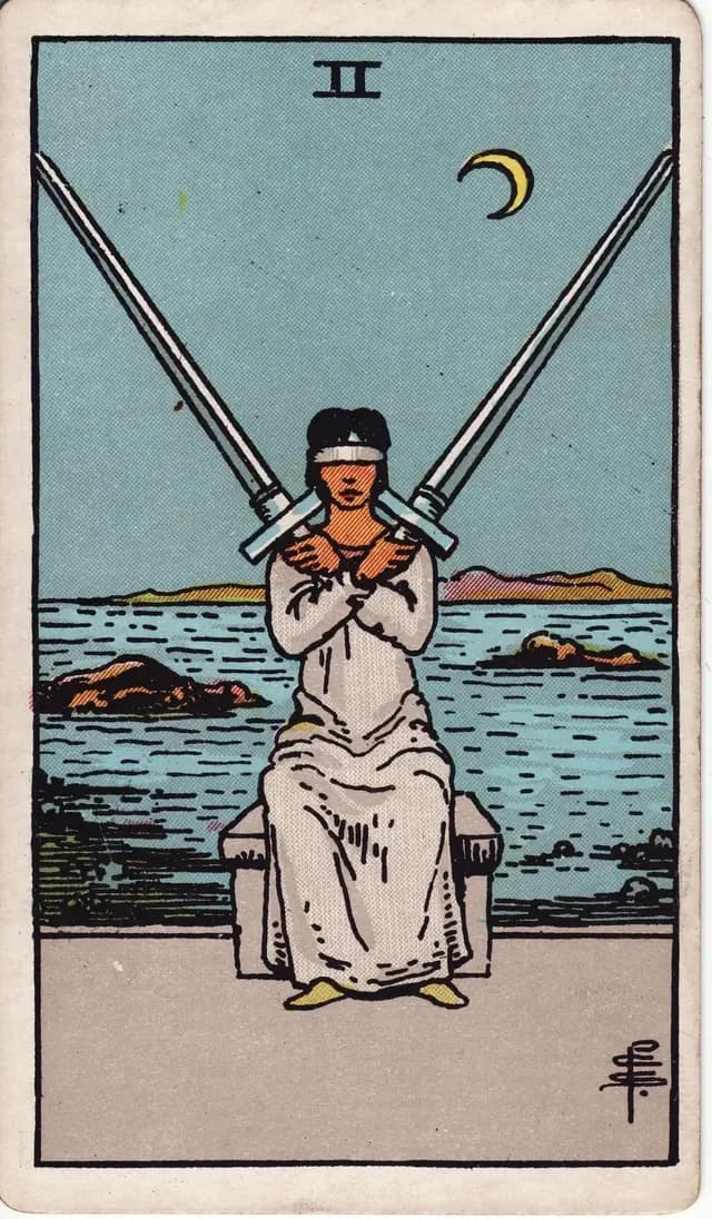 ภาพไพ่ Two of Swords (2 ดาบ) จากสำรับ Rider–Waite–Smith
