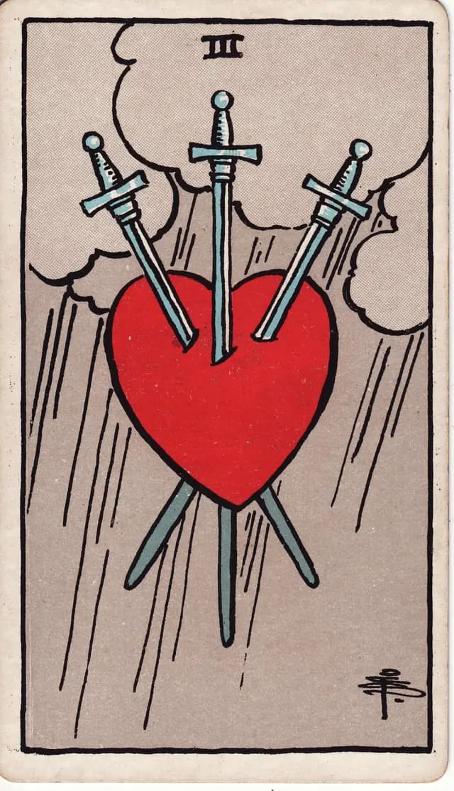ภาพไพ่ Three of Swords (3 ดาบ) จากสำรับ Rider–Waite–Smith