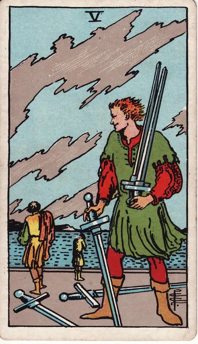 ภาพไพ่ Five of Swords (5 ดาบ) จากสำรับ Rider–Waite–Smith