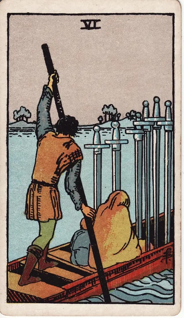 ภาพไพ่ Six of Swords (6 ดาบ) จากสำรับ Rider–Waite–Smith