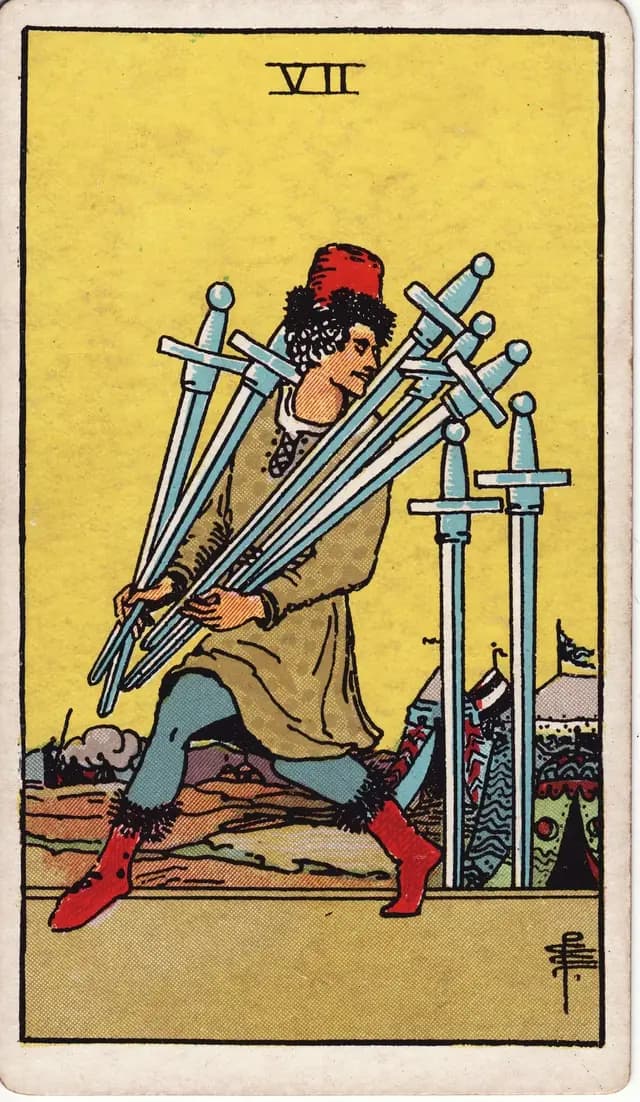 ภาพไพ่ Seven of Swords (7 ดาบ) จากสำรับ Rider–Waite–Smith