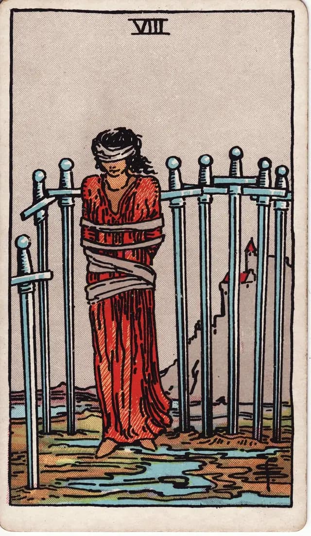 ภาพไพ่ Eight of Swords (8 ดาบ) จากสำรับ Rider–Waite–Smith