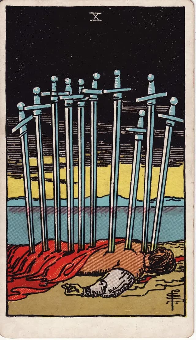ภาพไพ่ Ten of Swords (10 ดาบ) จากสำรับ Rider–Waite–Smith