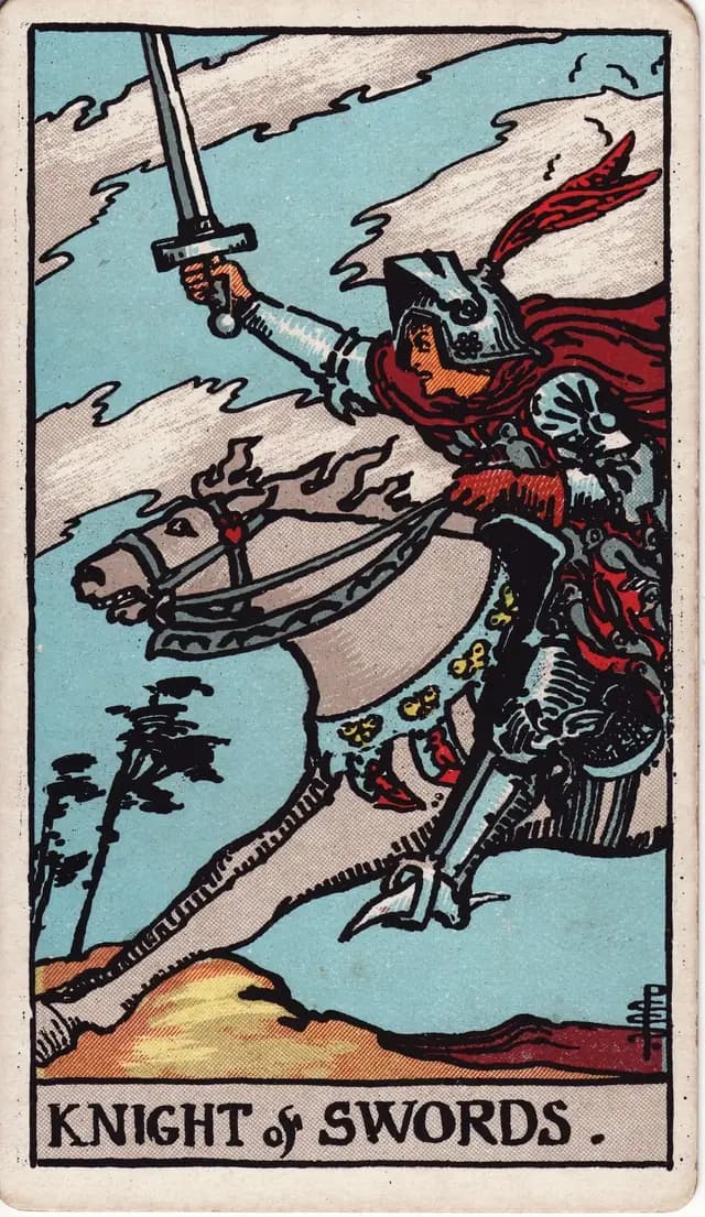 ภาพไพ่ Knight of Swords (อัศวินดาบ) จากสำรับ Rider–Waite–Smith