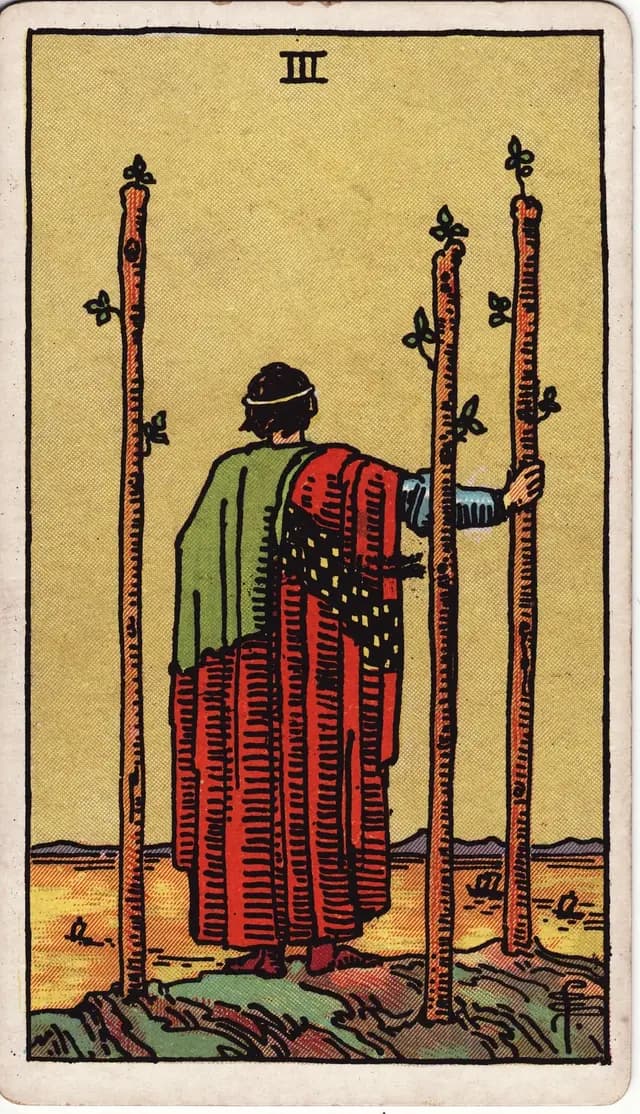 ภาพไพ่ Three of Wands (3 ไม้เท้า) จากสำรับ Rider–Waite–Smith