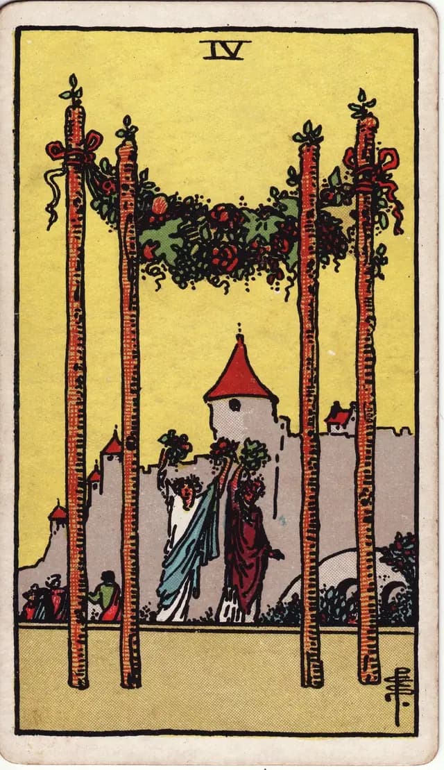 ภาพไพ่ Four of Wands (4 ไม้เท้า) จากสำรับ Rider–Waite–Smith