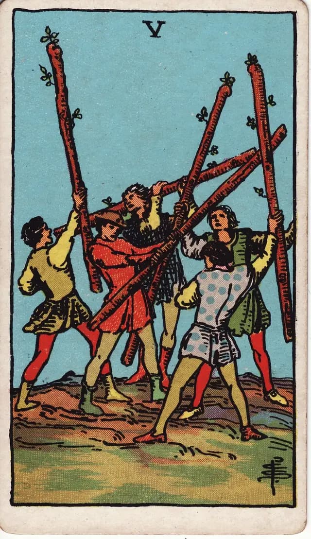 ภาพไพ่ Five of Wands (5 ไม้เท้า) จากสำรับ Rider–Waite–Smith