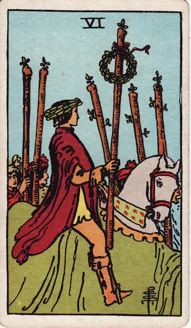 ภาพไพ่ Six of Wands (6 ไม้เท้า) จากสำรับ Rider–Waite–Smith
