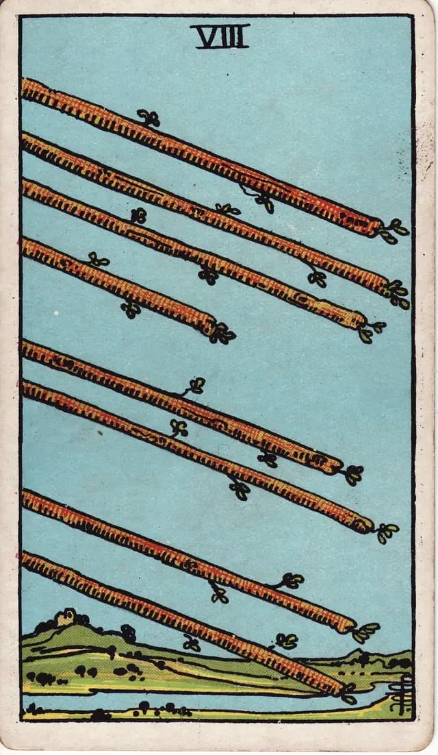 ภาพไพ่ Eight of Wands (8 ไม้เท้า) จากสำรับ Rider–Waite–Smith