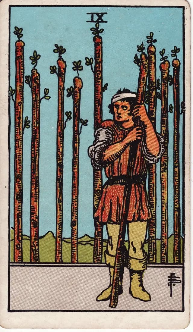ภาพไพ่ Nine of Wands (9 ไม้เท้า) จากสำรับ Rider–Waite–Smith