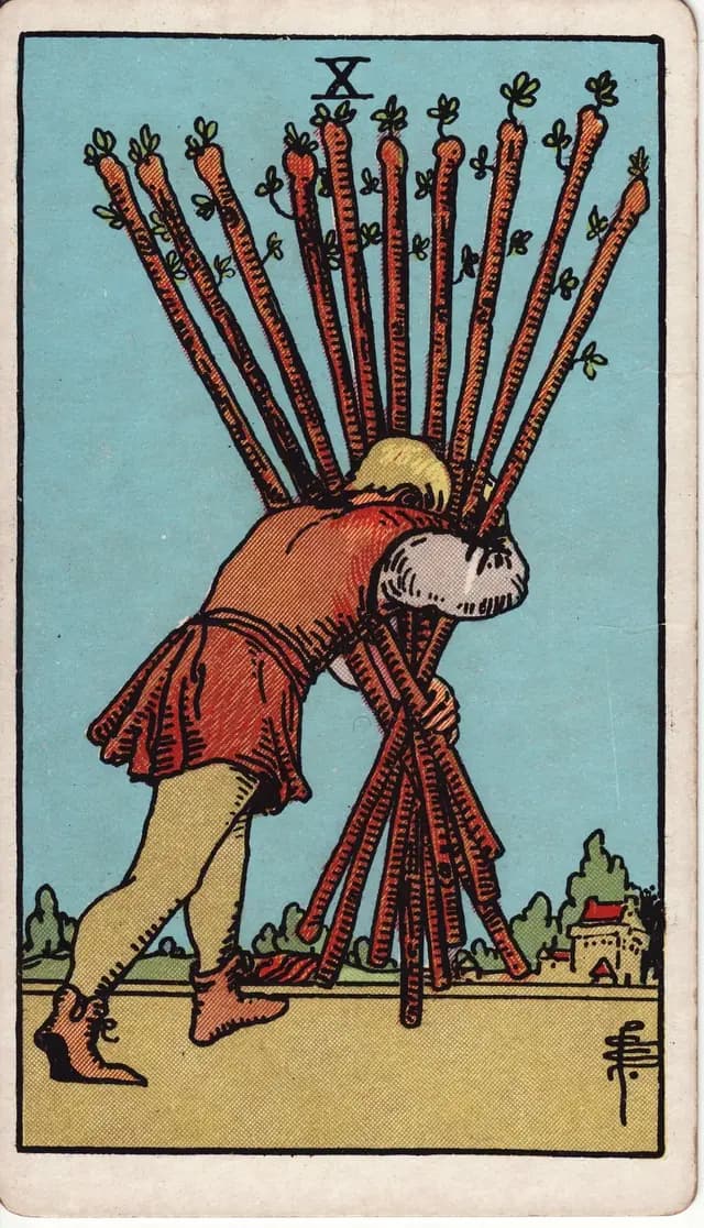 ภาพไพ่ Ten of Wands (10 ไม้เท้า) จากสำรับ Rider–Waite–Smith