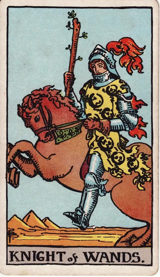 ภาพไพ่ Knight of Wands (อัศวินไม้เท้า) จากสำรับ Rider–Waite–Smith
